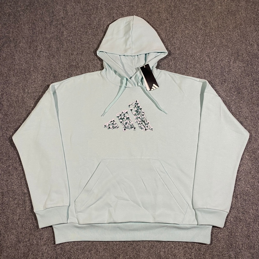 Adidas Trefoil Floral Logo Hoodie Womens XL Halo Mint Blue Flowers Pullover - Picture 2 of 16